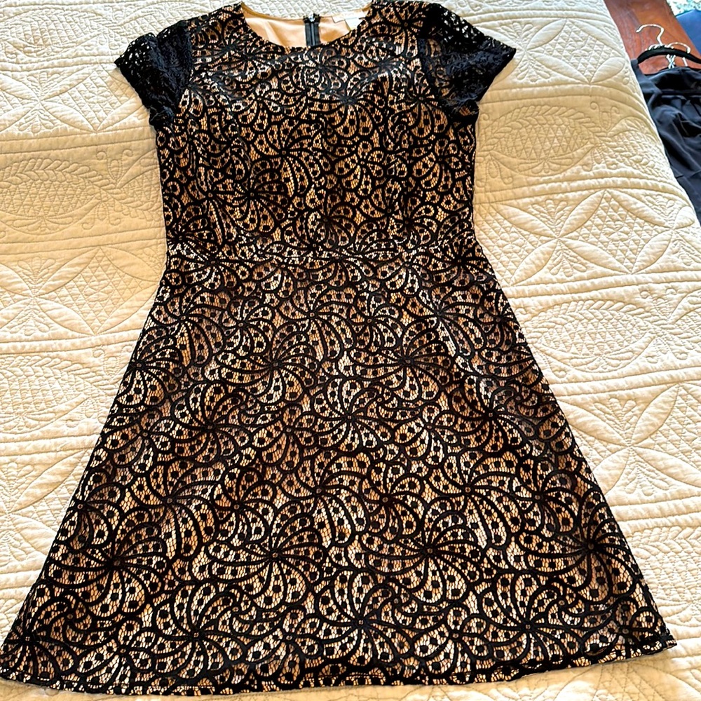 LOFT Black Lace Overlay Nude Sheath Dress